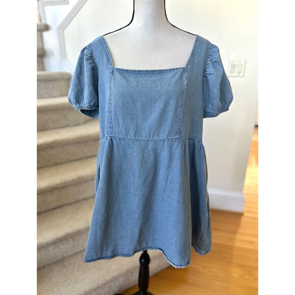 ARULA Dresses & Skirts - Arula Denim Puff Sleeve Milk Maid Square Neck Open Back Mini Western Dress